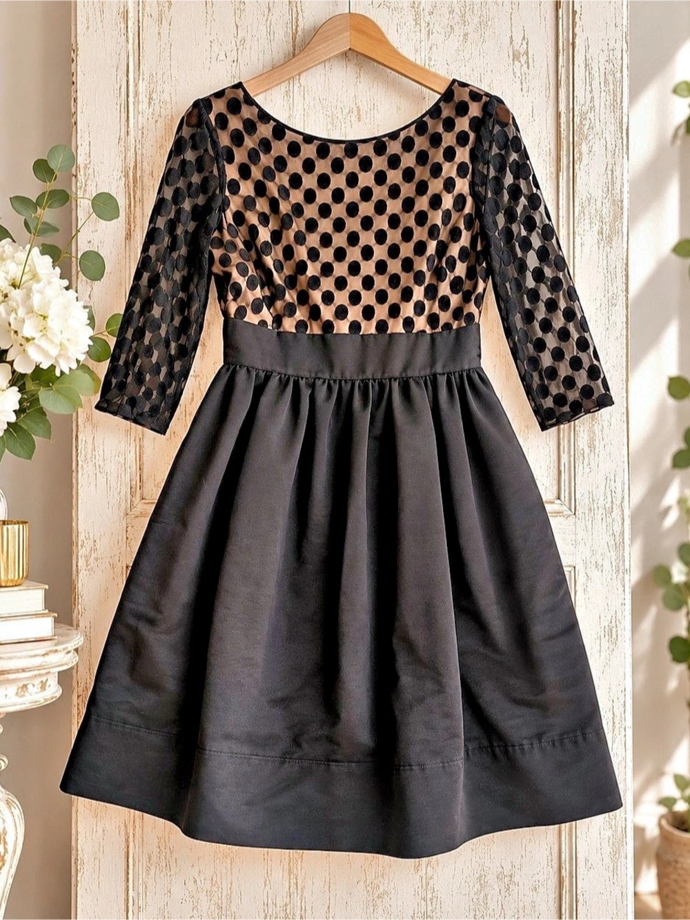 Eliza J Black Polka Dot Mesh Fit & Flare Cocktail Holiday Party Dress 10